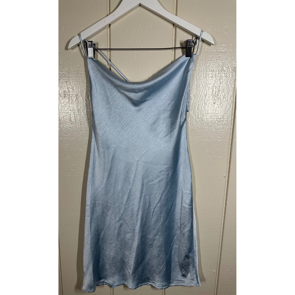 YIMEILI Dress Womens M Blue Satin Cowl Neck Lace Up Back Mini Slip Dress Sexy